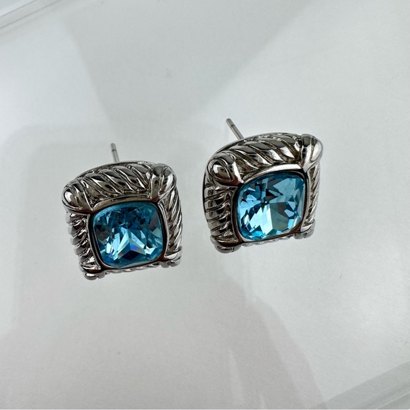 Vintage 90s DSMK Faceted Aqua CZ Silver Plated Stud Earrings - Picture 7 of 11